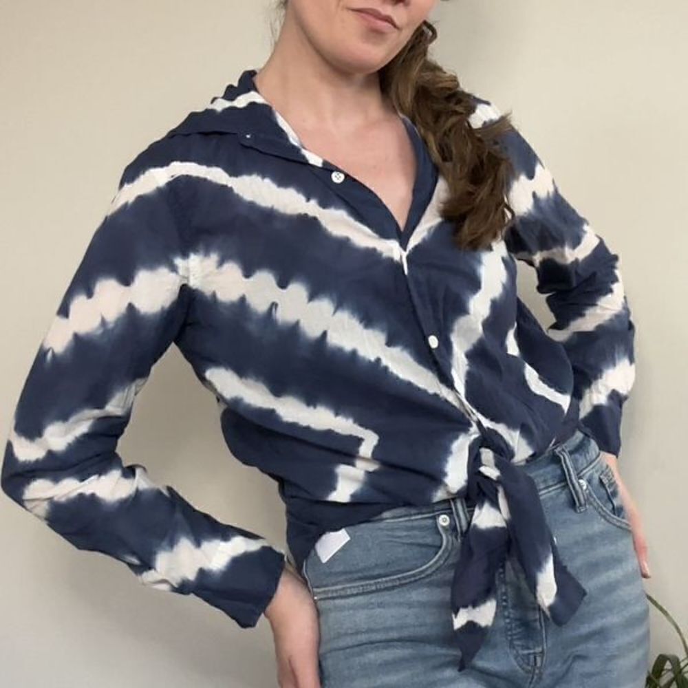 Navy and White Geometric Tie Dye Button Down Top